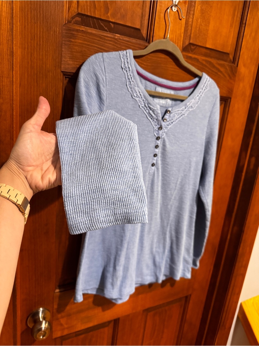 Sonoma Light Blue Lace-Trim Henley Long Sleeve Top - Picture 3 of 10